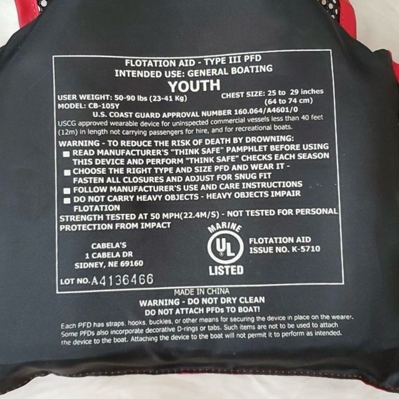 The Cabela's Youth Red General Boating Life Vest, fits 50-90 LBS - Picture 5 of 5